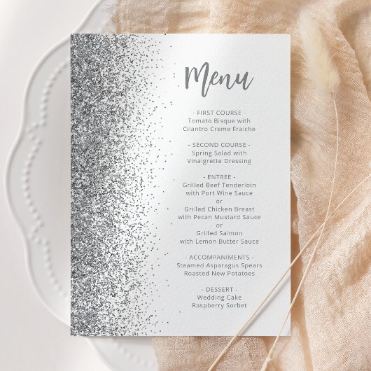 Silver Glitzer Script White Wedding Menükarte