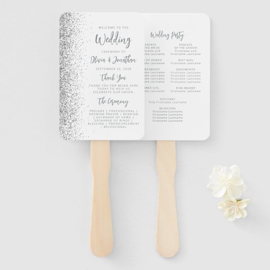 Silver Glitzer Script White Wedding Program Fächer (Vorne und Hinten)