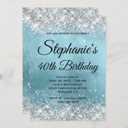 Silver Glitzer Shiny Blue Foil Extravagant Monogra Einladung (Vorne/Hinten)