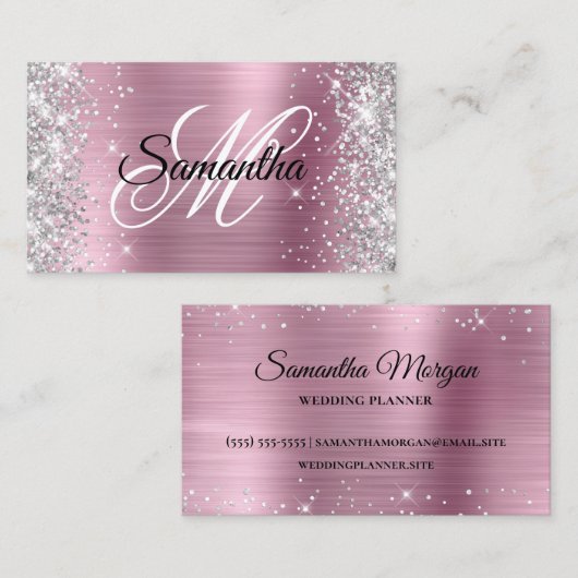 Silver Glitzer Shiny Pink Foil Extravagant Monogra Visitenkarte (Vorne/Hinten)
