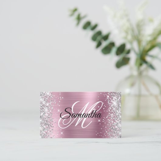Silver Glitzer Shiny Pink Foil Extravagant Monogra Visitenkarte (Stehend Vorderseite)