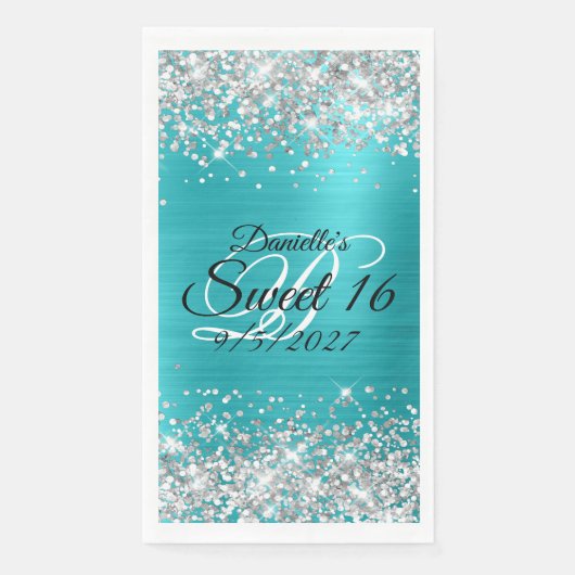 Silver Glitzer Shiny Türkis Blue Foil Sweet 16 Serviette (Vorderseite)