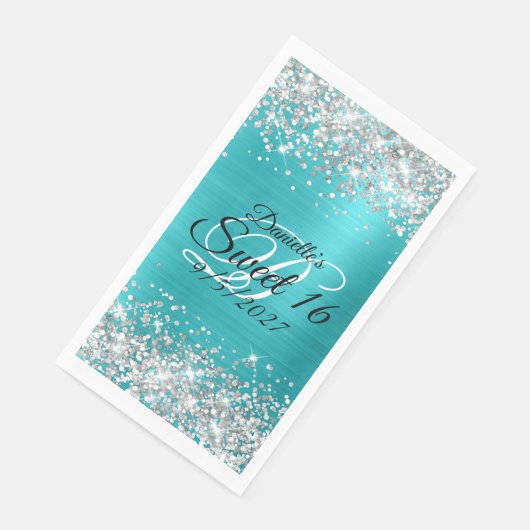 Silver Glitzer Shiny Türkis Blue Foil Sweet 16 Serviette (Ecke)