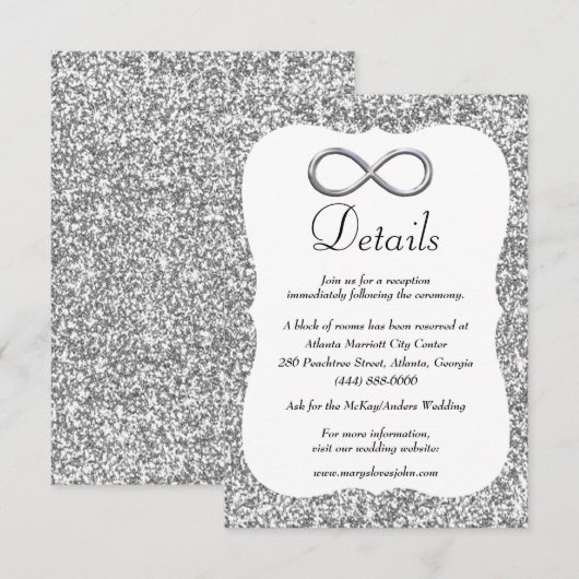 Silver Glitzer Silver Infinity Wedding Details Begleitkarte (Vorne/Hinten)