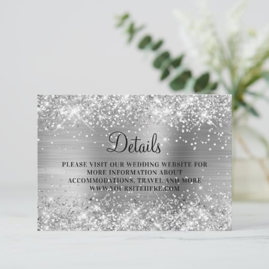 Silver Glitzer Silvery Foil Wedding Details Begleitkarte (Stehend Vorderseite)