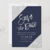 Silver Glitzer Skriptnavy Save the Date blau (Vorderseite)