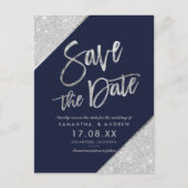 Silver Glitzer Skriptnavy Save the Date blau Ankündigungspostkarte (Vorderseite)