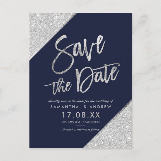 Silver Glitzer Skriptnavy Save the Date blau Ankündigungspostkarte (Vorderseite)