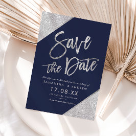 Silver Glitzer Skriptnavy Save the Date blau Ankündigungspostkarte