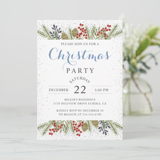Silver Glitzer Snow Holly Berries Party Einladung (Stehend Vorderseite)