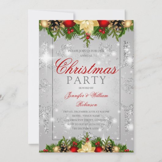 Silver Glitzer Snowflake Festlicher Weihnachtsfeie Einladung (Vorderseite)