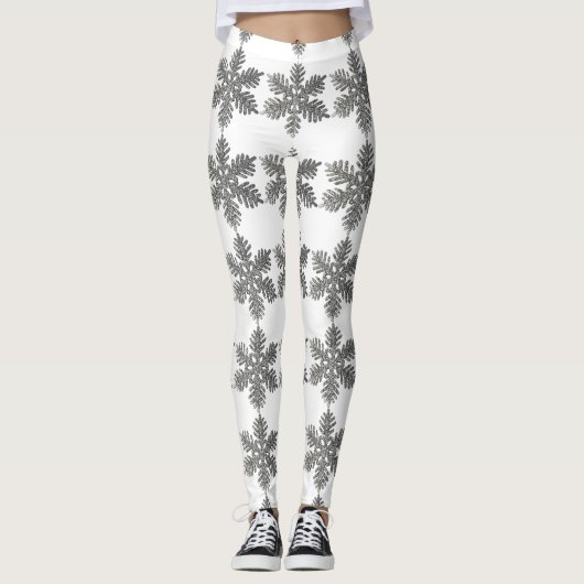 Silver Glitzer Snowflake Weiße WeihnachtsLeggings Leggings (Vorderseite)