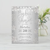 Silver Glitzer Snowflake Winter Baby Dusche Einladung (Stehend Vorderseite)