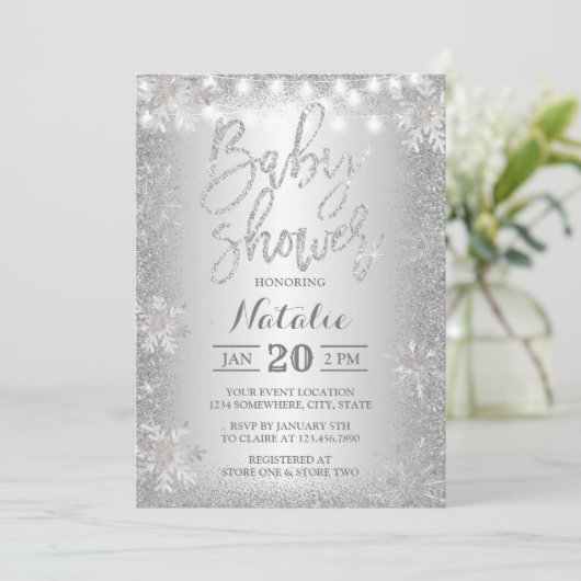 Silver Glitzer Snowflake Winter Baby Dusche Einladung (Stehend Vorderseite)