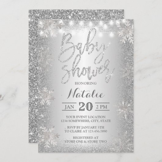 Silver Glitzer Snowflake Winter Baby Dusche Einladung (Vorne/Hinten)