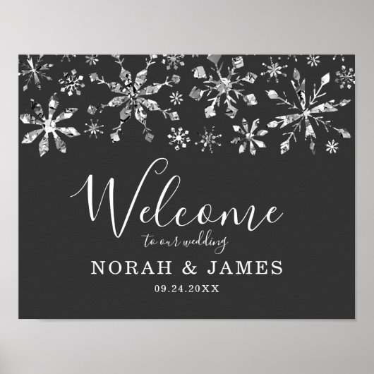 Silver Glitzer Snowflake Winterhochzeit Willkommen Poster (Vorne)