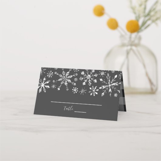 Silver Glitzer Snowflakes Winterhochzeit Platzkarte (Vorderseite)