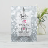 Silver Glitzer Sparkle Bling Eiffel Tower Party Einladung (Stehend Vorderseite)