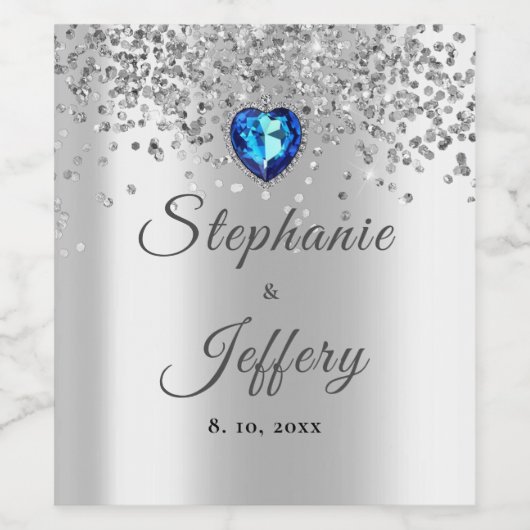 Silver Glitzer Sparkle Blue Wedding Weinetikett (Einzelnes Label)