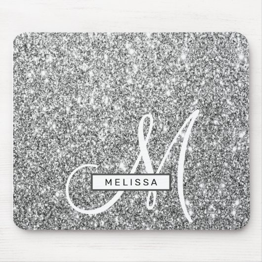 Silver Glitzer Sparkle Custom Mit Monogramm and Na Mousepad (Vorne)