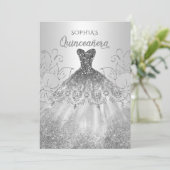 Silver Glitzer Sparkle Dress Quinceañera Quince Einladung (Stehend Vorderseite)