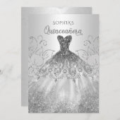 Silver Glitzer Sparkle Dress Quinceañera Quince Einladung (Vorne/Hinten)