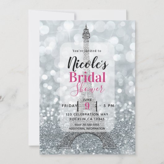 Silver Glitzer Sparkle Eiffel Tower Brautparty Einladung (Vorderseite)