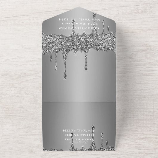 Silver Glitzer Sparkle Gray Modern Sweet 16 All In One Einladung (Außenbereich)