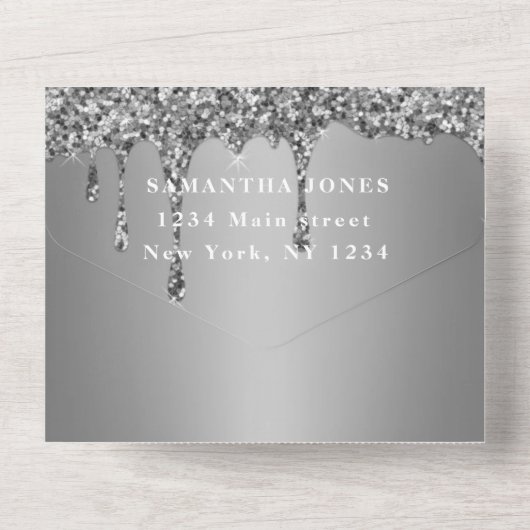 Silver Glitzer Sparkle Gray Modern Sweet 16 All In One Einladung (Rückseite)