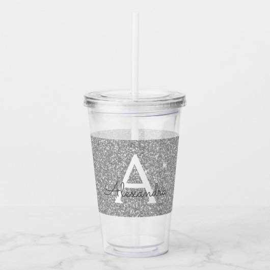 Silver Glitzer & Sparkle Monogram Birthday Acryltrinkbecher (Vorderseite)