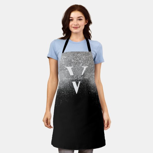 Silver Glitzer Sparkle Monogram Black Girl Custom Schürze (Getragen)