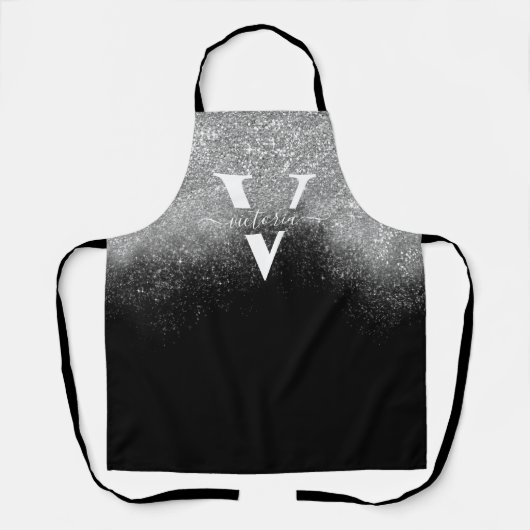 Silver Glitzer Sparkle Monogram Black Girl Custom Schürze (Vorderseite)