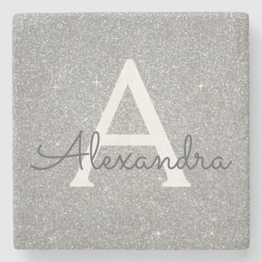 Silver Glitzer & Sparkle Monogram Steinuntersetzer (Vorderseite)