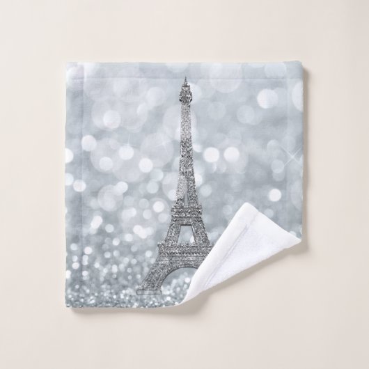 Silver Glitzer Sparkle Paris Eiffel Tower Glam Badhandtuch Set (Waschlappen)