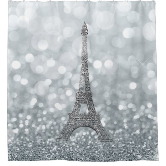 Silver Glitzer Sparkle Paris Eiffel Tower Glam Duschvorhang (Vorderseite)