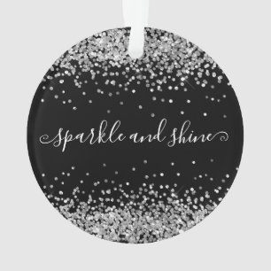 Silver Glitzer Sparkle Shine Happy Holidays Black Ornament