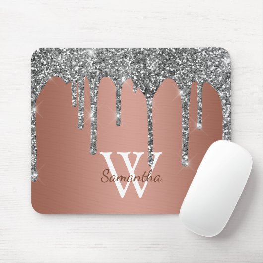 Silver Glitzer Sparkle Tropfen Rose Gold Monogramm Mousepad (Mit Mouse)