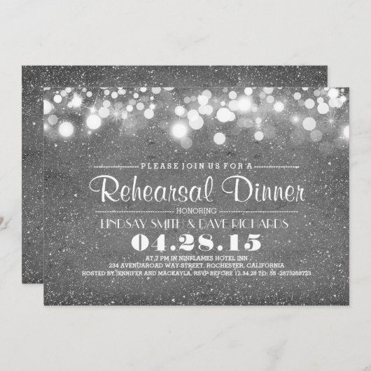 Silver Glitzer & String Lights Probe Dinner Einladung (Vorne/Hinten)