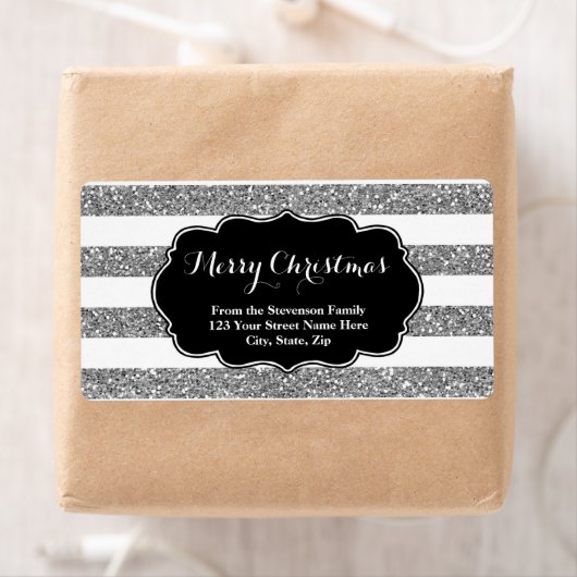 Silver Glitzer Stripes Christmas Address Label (Insitu)
