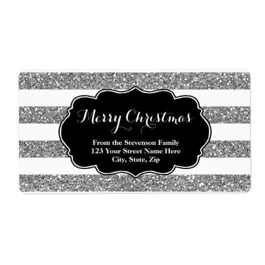 Silver Glitzer Stripes Christmas Address Label (Vorne)