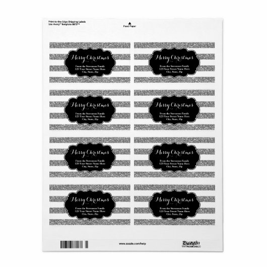 Silver Glitzer Stripes Christmas Address Label (Vorne)