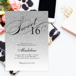 Silver Glitzer Sweet 16 Extravagant Script Einladu Einladung