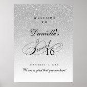 Silver Glitzer Sweet 16 Personalisierter Empfang Poster (Vorne)