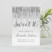 Silver Glitzer Sweet 16 Save the Date Einladung (Stehend Vorderseite)