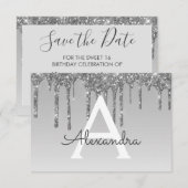 Silver Glitzer Sweet 16 Save the Date Einladung (Vorne/Hinten)