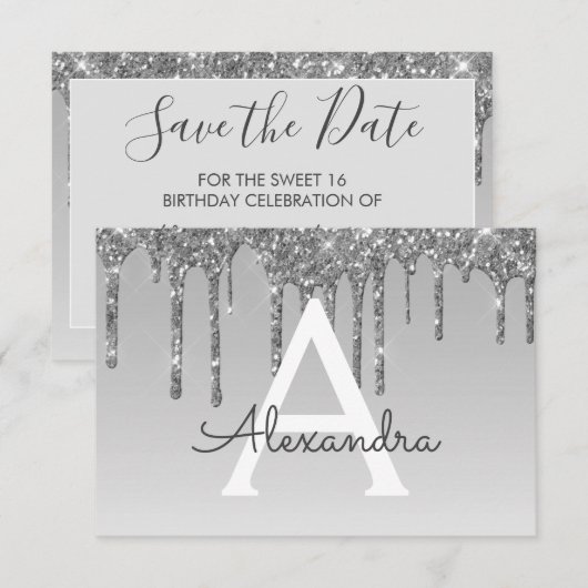 Silver Glitzer Sweet 16 Save the Date Einladung (Vorne/Hinten)