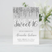 Silver Glitzer Sweet 16 Save the Date Einladung (Stehend Vorderseite)