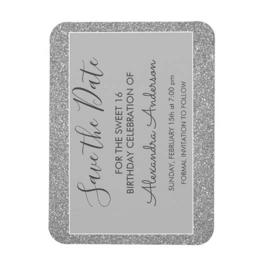 Silver Glitzer Sweet 16 Save the Date Magnet (Vertikal)