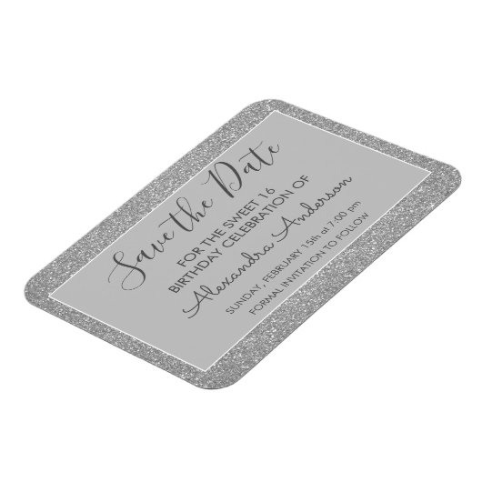 Silver Glitzer Sweet 16 Save the Date Magnet (Linke Seite)