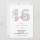 Silver Glitzer Sweet 16 script Foto Geburtstag Einladung (Vorderseite)